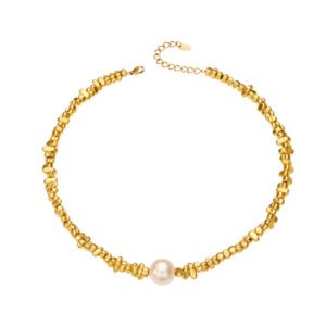 Gold and silver plated chunky irregular pebble bead strand necklace with a center pearl in ore material metal