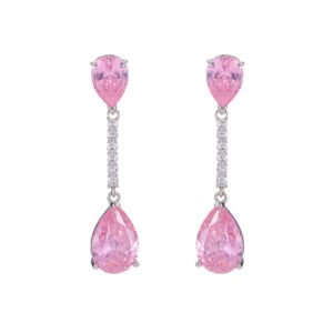 Pear crystal drop earrings wholesale featuring olive green, dusty pink, lavender purple, and clear white cubic zirconia pear gems with paved linear bar connector on palladium plated copper.