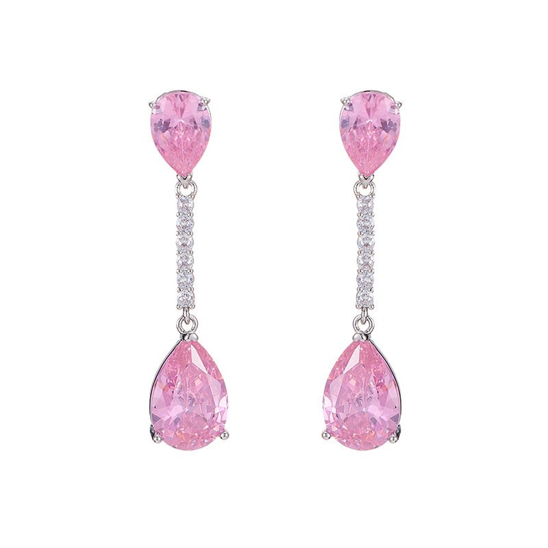 Pear crystal drop earrings wholesale featuring olive green, dusty pink, lavender purple, and clear white cubic zirconia pear gems with paved linear bar connector on palladium plated copper.