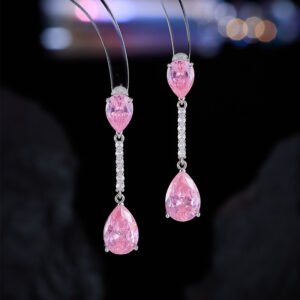 Pear crystal drop earrings wholesale featuring olive green, dusty pink, lavender purple, and clear white cubic zirconia pear gems with paved linear bar connector on palladium plated copper.