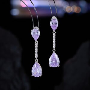 Pear crystal drop earrings wholesale featuring olive green, dusty pink, lavender purple, and clear white cubic zirconia pear gems with paved linear bar connector on palladium plated copper.