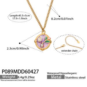 18K gold plated 316L stainless steel vintage oval oil-drip enamel flower medallion curb chain necklace wholesale