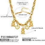 Gold plated chunky rolo chain necklace with 3D teddy bear and cz bezel heart charms in 316L stainless steel