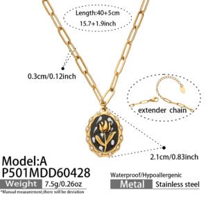 18K gold plated 316L stainless steel vintage oval oil-drip enamel tulip medallion pearl beaded paperclip chain necklace wholesale