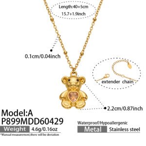 18K gold plated 316L stainless steel 3D teddy bear pendant necklace with heart cut cubic zirconia center wholesale