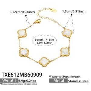 Gold plated stainless steel jewelry set featuring five-station clover necklaces, matching bracelets, and pave crystal clover dangle earrings with crackled ice stones