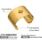 Wide brushed 18K gold plated open cuff bangles featuring pavé cubic zirconia north star, cross, and Virgin Mary halo emblems in 316L stainless steel
