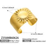 Wide brushed 18K gold plated open cuff bangles featuring dramatic 3D smooth and hammered sunburst emblems in 316L stainless steel