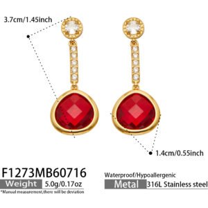 18K gold plated 316L stainless steel teardrop glass crystal drop earrings wholesale