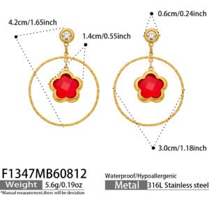 18K gold plated 316L stainless steel flower glass crystal hoop drop earrings wholesale