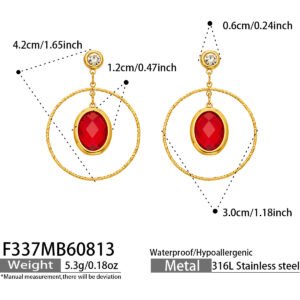 18K gold plated 316L stainless steel oval glass crystal hoop drop earrings wholesale