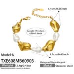Gold and silver plated chunky irregular molten metal and baroque pearl statement necklace and bracelet set in stainless steel