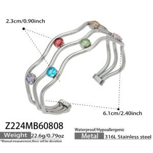 Gold and silver plated triple layer wavy open cuff bangle set with cubic zirconia stones in 316L stainless steel