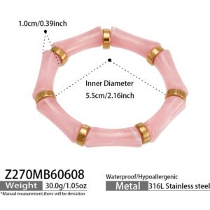 Gold plated bamboo tube resin bangle bracelet with 316L stainless steel spacer beads