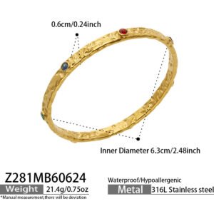 Gold plated 316L stainless steel hammered bangle embedded with flush bezel-set clear and colorful cubic zirconia crystals