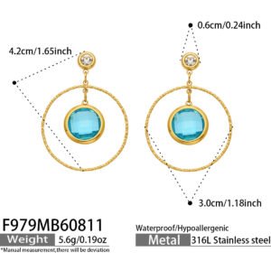 18K gold plated 316L stainless steel round glass crystal hoop drop earrings wholesale