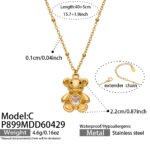 18K gold plated 316L stainless steel 3D teddy bear pendant necklace with heart cut cubic zirconia center wholesale