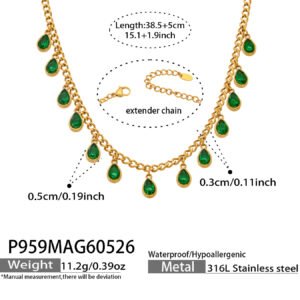 18K gold plated 316L stainless steel teardrop waterdrop cubic zirconia fringe charm choker necklace wholesale
