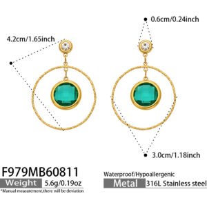 18K gold plated 316L stainless steel round glass crystal hoop drop earrings wholesale
