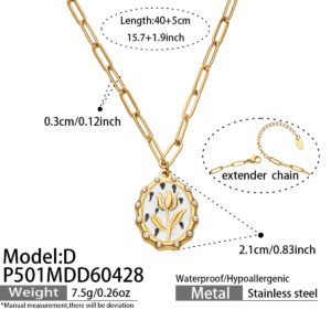 18K gold plated 316L stainless steel vintage oval oil-drip enamel tulip medallion pearl beaded paperclip chain necklace wholesale