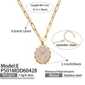 18K gold plated 316L stainless steel vintage oval oil-drip enamel tulip medallion pearl beaded paperclip chain necklace wholesale