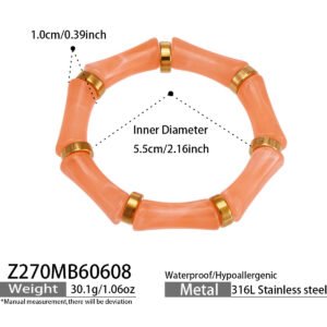 Gold plated bamboo tube resin bangle bracelet with 316L stainless steel spacer beads