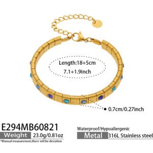 Gold and silver textured flexible stretch chain bracelet set with colorful and clear cubic zirconia in 316L stainless steel