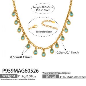 18K gold plated 316L stainless steel teardrop waterdrop cubic zirconia fringe charm choker necklace wholesale