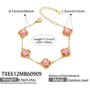 Gold plated stainless steel jewelry set featuring five-station clover necklaces, matching bracelets, and pave crystal clover dangle earrings with crackled ice stones