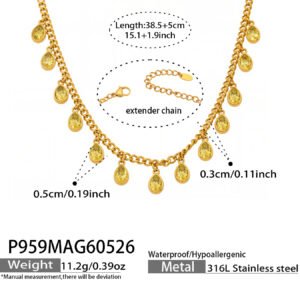 18K gold plated 316L stainless steel teardrop waterdrop cubic zirconia fringe charm choker necklace wholesale
