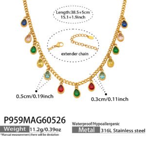 18K gold plated 316L stainless steel teardrop waterdrop cubic zirconia fringe charm choker necklace wholesale