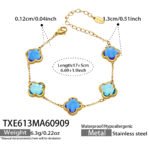 Gold plated stainless steel jewelry set featuring five-station clover necklaces, matching bracelets, and pave crystal clover dangle earrings with crackled ice stones