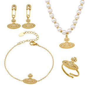 18K gold plated 316L stainless steel pearl necklace CZ saturn planet orb pendant safety pin earrings ring and bracelet wholesale