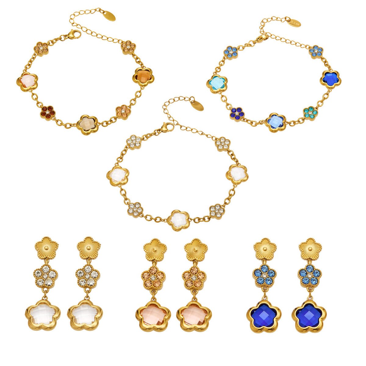 Gold plated stainless steel jewelry set featuring alternating crystal pave flowers and faceted glass five-petal flower motifs