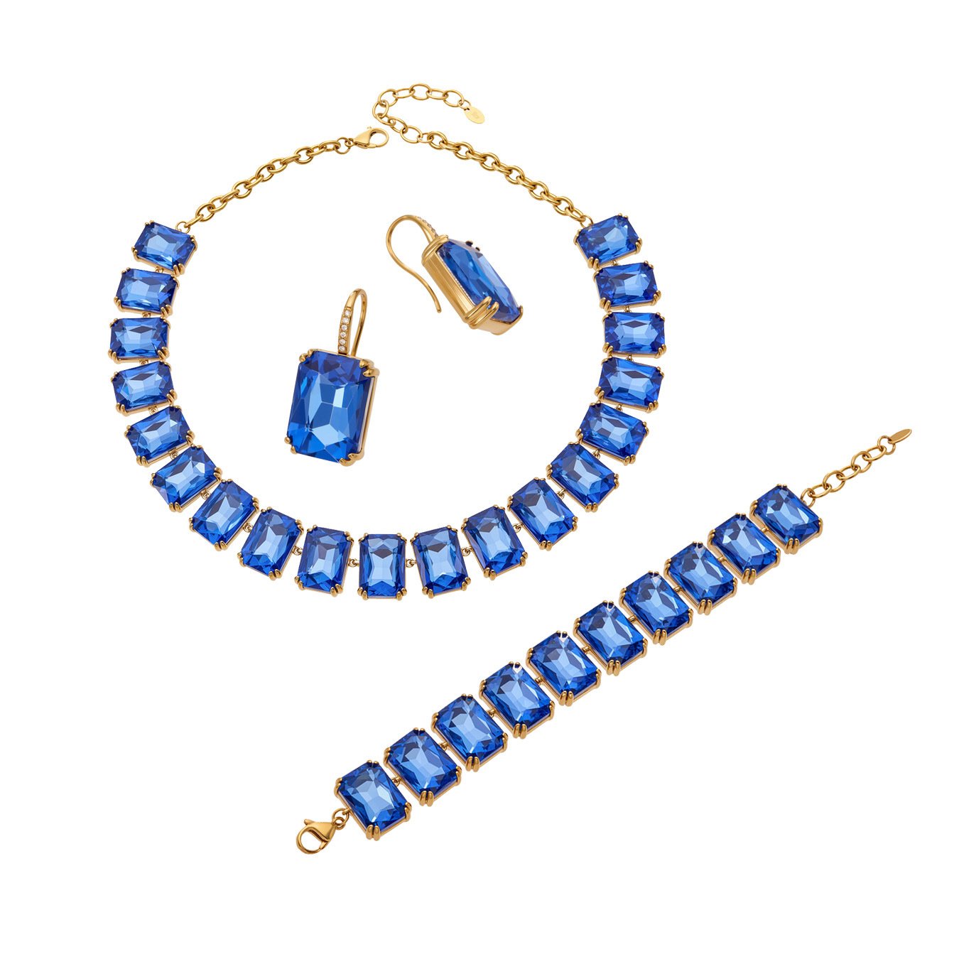 TXE554-TXP554-TXF554 (1) 18K gold plated 316L stainless steel emerald cut glass crystal statement necklace bracelet and earrings set wholesale