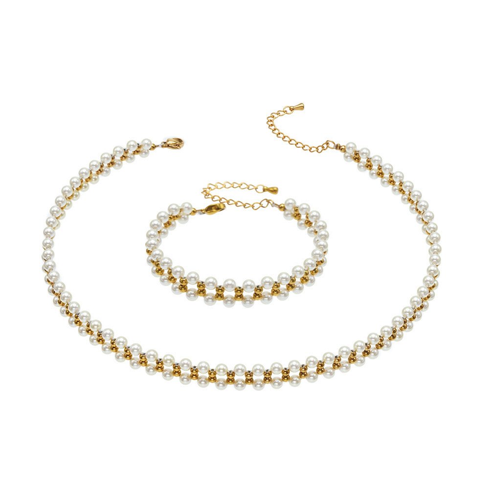 Gold and silver plated double row woven pearl choker necklace and bracelet set in 316L stainless steel