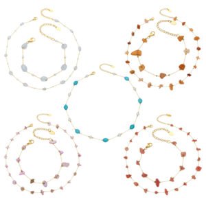 18K gold plated 316L stainless steel natural irregular gemstone and pearl beaded station chain layered necklace wholesale