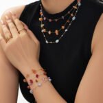 18K gold plated 316L stainless steel natural irregular gemstone and pearl beaded station chain layered necklace wholesale