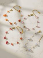 18K gold plated 316L stainless steel natural irregular gemstone and pearl beaded station chain layered necklace wholesale