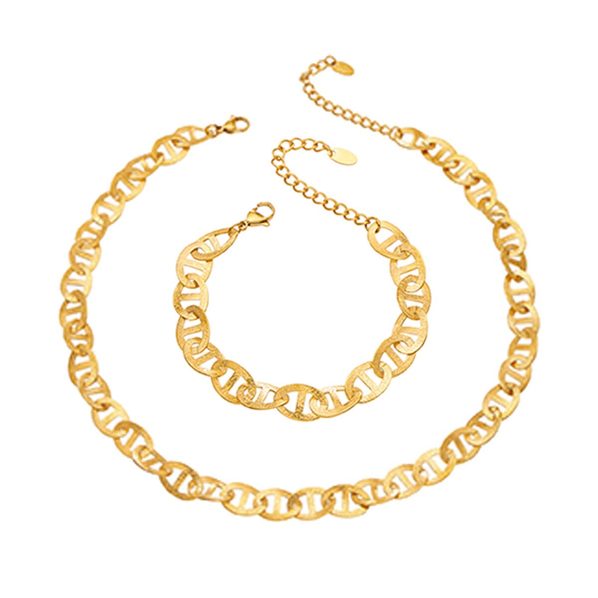 Gold plated textured mariner pig nose link chain necklace and bracelet set in stainless steel