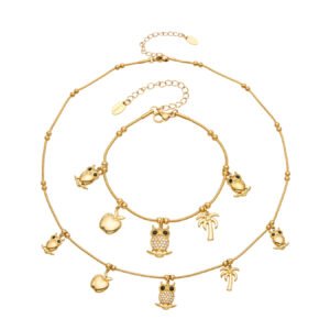 18K gold plated 316L stainless steel whimsical pave CZ owl apple palm tree charm necklace and bracelet set wholesale