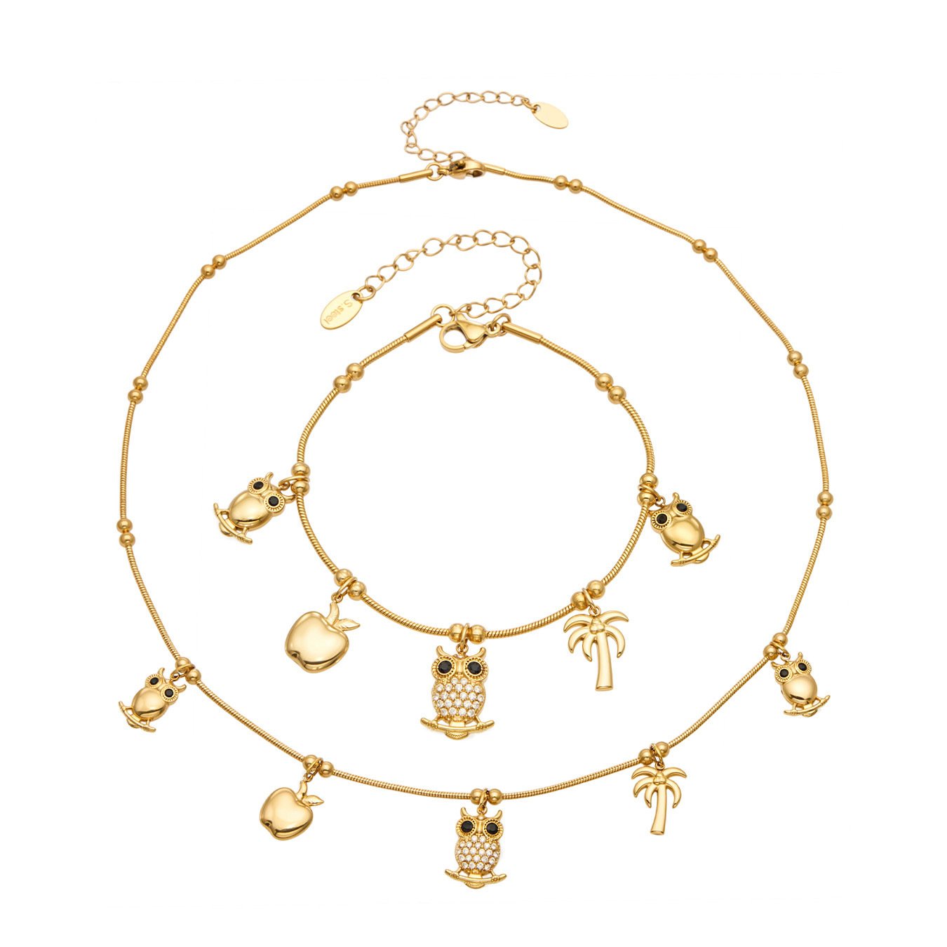 TXP135-TXE135 (1) 18K gold plated 316L stainless steel whimsical pave CZ owl apple palm tree charm necklace and bracelet set wholesale