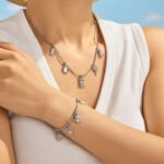 18K gold plated 316L stainless steel whimsical pave CZ owl apple palm tree charm necklace and bracelet set wholesale