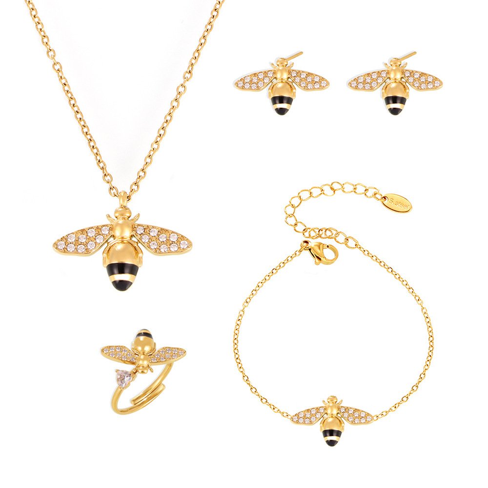 TXP147-TXE147-TXF147-TXA147-P873 (5) 316L stainless steel enamel and cubic zirconia honeybee necklace earrings bracelet ring wholesale