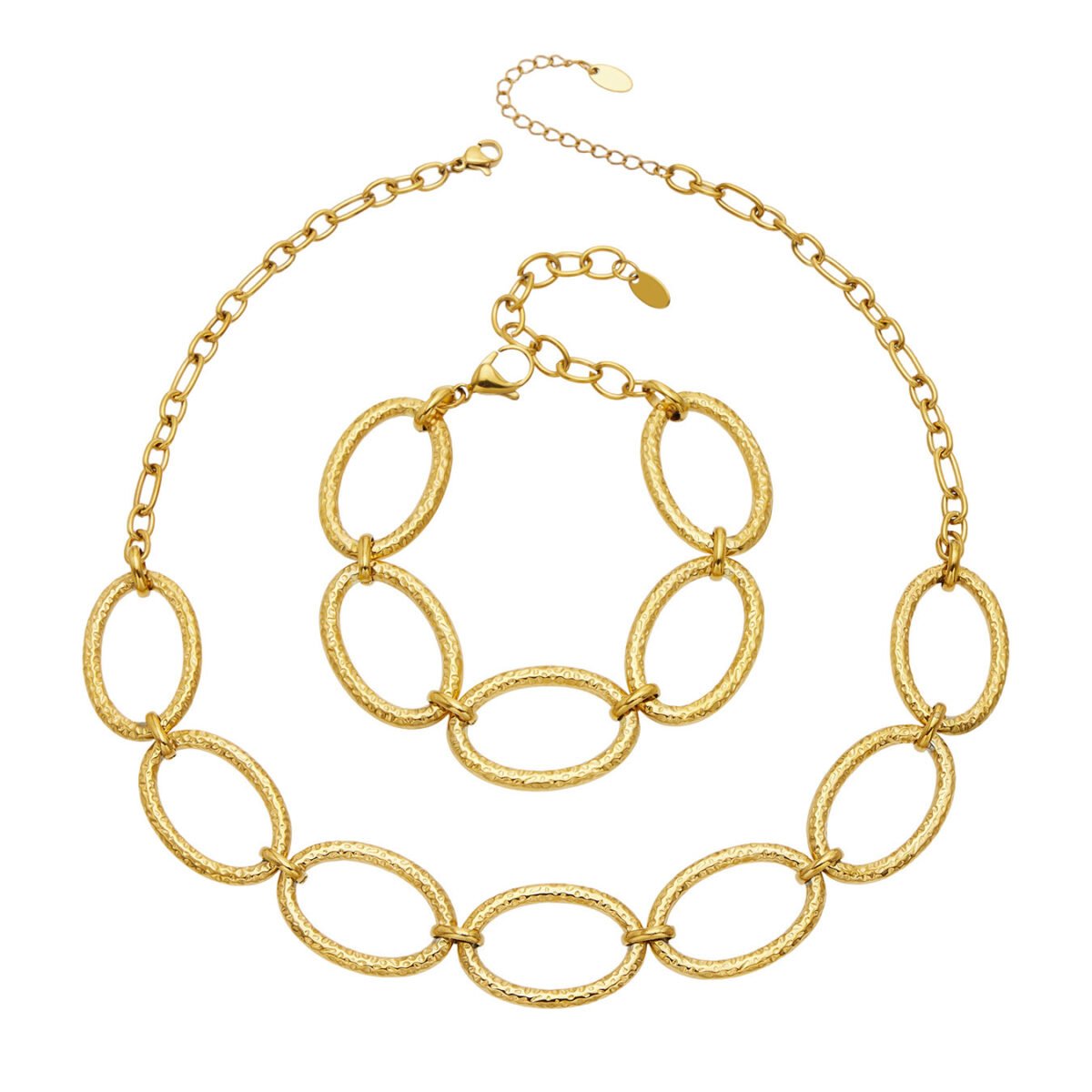 Gold plated chunky hammered oval link statement chain necklace and bracelet set in 316L stainless steel
