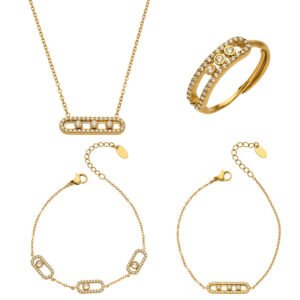 316L stainless steel sliding cubic zirconia move bar pendant necklace bracelet ring set wholesale