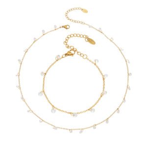 18K gold plated and silver stainless steel delicate cubic zirconia CZ dangle charm station chain necklace and bracelet wholesale