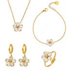 18K gold plated 316L stainless steel heart cut cubic zirconia flower necklace bracelet ring drop earrings set wholesale