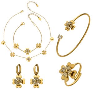 18K gold plated 316L stainless steel 3D layered pave cubic zirconia four leaf clover station necklace bracelet ring drop earrings cuff bangle wholesale