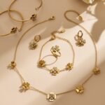 18K gold plated 316L stainless steel 3D layered pave cubic zirconia four leaf clover station necklace bracelet ring drop earrings cuff bangle wholesale